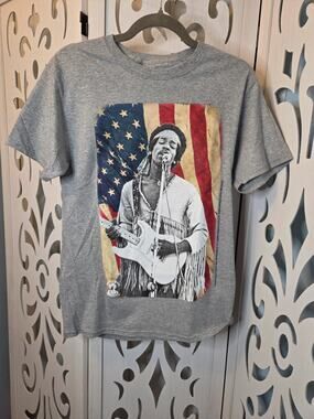 Jimi Hendrix Graphic Tee Small Gray USA Flag Guitar Rock Band Shirt NWOT
